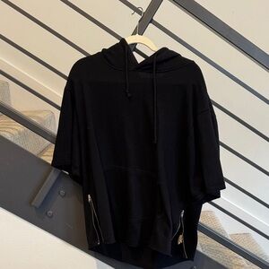 Black Short Sleeve Poncho Style Hoodie with Zipper Accents